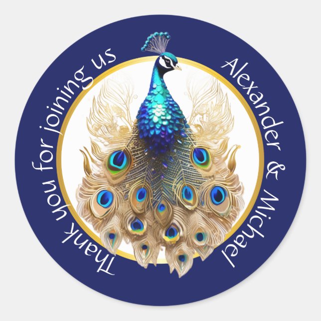 Sticker Rond Luxe paon bleu or merci 5D chic (Devant)
