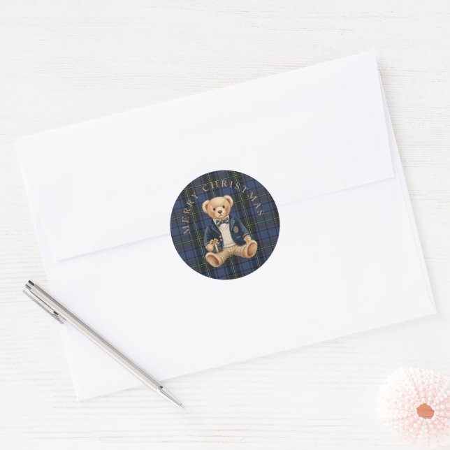 Sticker Rond Luxe Preppy Plaid Teddy Bear (Enveloppe)