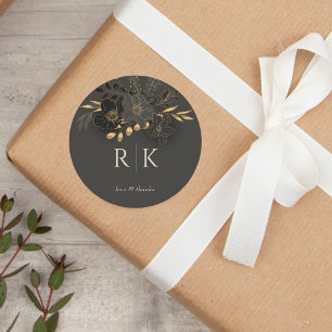 Sticker Rond Luxueux Gold Floral Amour Merci Monogram Mariage