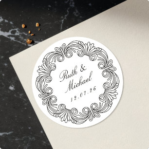 Sticker Rond Luxueux Mariage Baroque Scroll Nom et date
