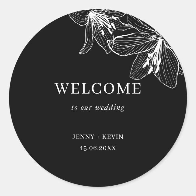 Sticker Rond Lys floraux noirs et blancs bienvenus (Devant)