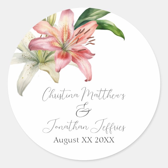 Sticker Rond Lys romantiques roses et blancs (Devant)
