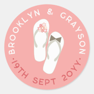 Sticker Rond M. et Mme Fleurs Roses Tongs Mariage sur la Plage