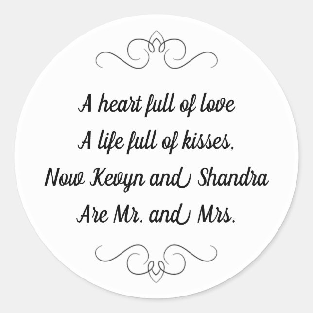 Sticker Rond M. et Mme Mariage Kisses Poème (Devant)