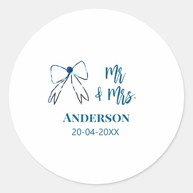 Sticker Rond M. & Mme ajouter nom date mariage faveur arc bleu  (Devant)