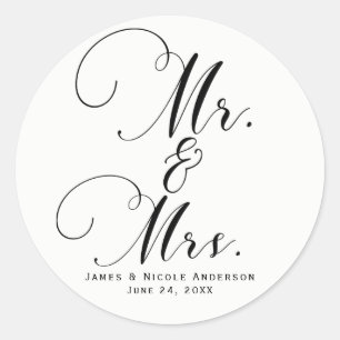 Sticker Rond M. & Mme Black White Script Custom Wedding Favor