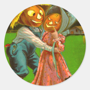 Sticker Rond M. & Mme Citrouille Avec Leur Chat Noir