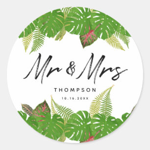 Sticker Rond M. & Mme Feuille Tropical Mariage de script