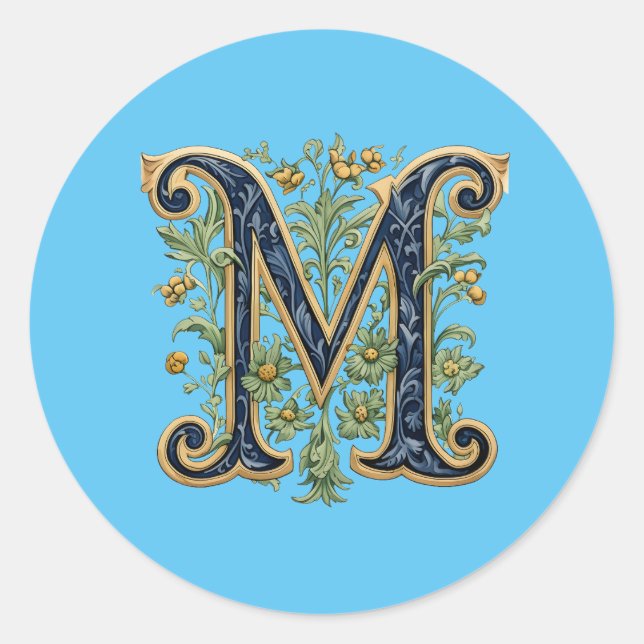 Sticker Rond M monogramme fleur d'or bleu (Devant)