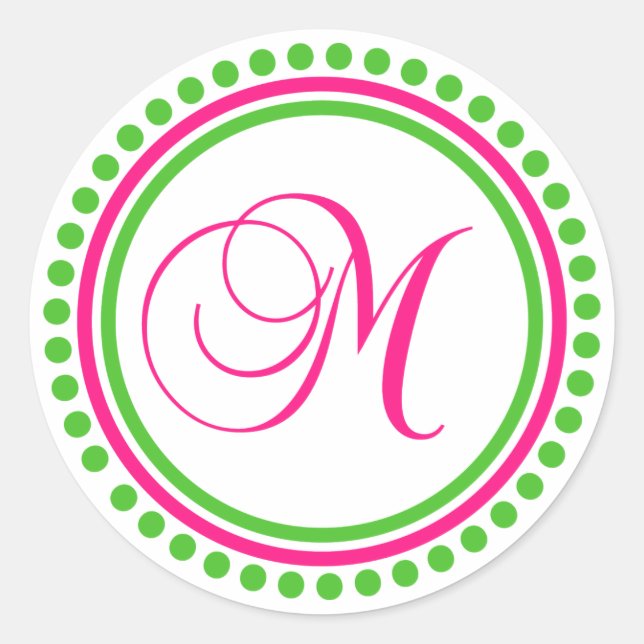 Sticker Rond M Monogramme (Rose chaud / Cercle vert point) (Devant)