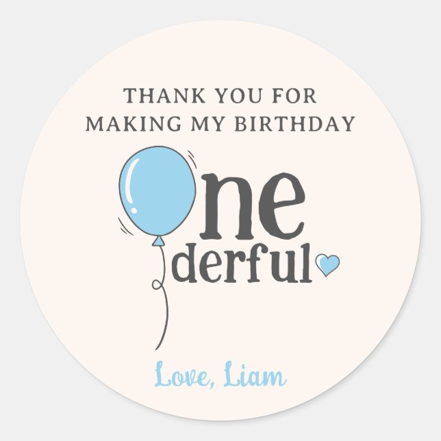 Sticker Rond M. Onederful Birthday Blue Balloon Merci (Devant)