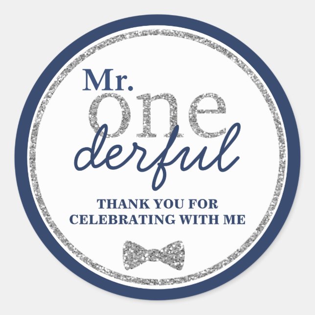 Sticker Rond M. Onederful Premier anniversaire Argent et Marine (Devant)