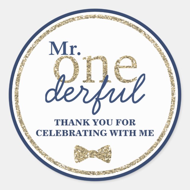 Sticker Rond M. Onederful Premier anniversaire Or et bleu (Devant)