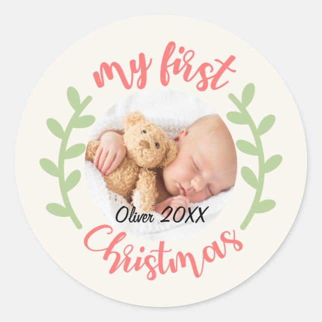 Sticker Rond Ma première photo de bébé de Noël (Devant)