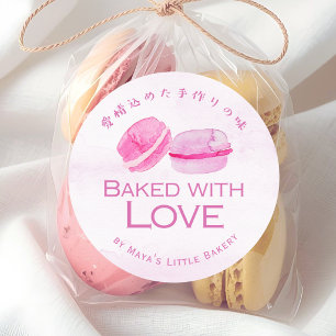 Sticker Rond Macaron Aquarelle Rose Cuite avec Amour