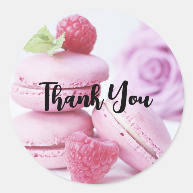 Sticker Rond Macarons framboises roses Merci pâtissier français (Devant)