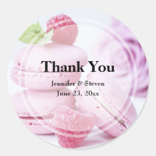 Sticker Rond Macarons roses et framboises rouges Merci Mariage