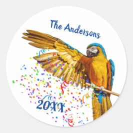 Sticker Rond Macaw bleu et jaune lance Confetti