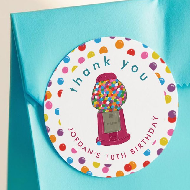 Sticker Rond Machine à gumball rose bonbon Bubble Merci de gomm (Pink Gumball Machine Candy Bubble Gum Thank You Classic Round Sticker)