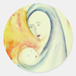 Sticker Rond Madone et Enfant Noël Nativité Aquarelle