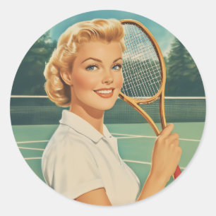 Sticker Rond Magazine des années 1950 Illustration Tennis Woman
