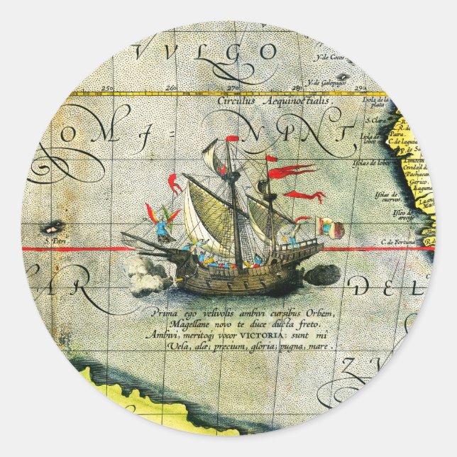 Sticker Rond Magellans navire Victoria, Antique Carte Océan Pac (Devant)