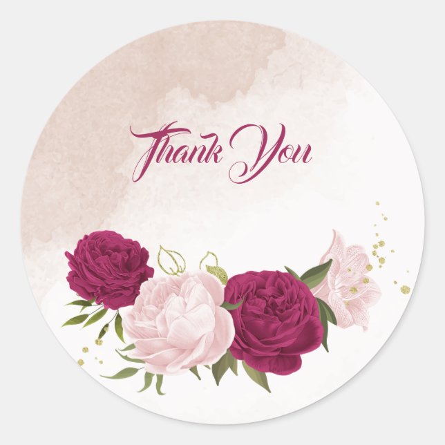 Sticker Rond magenta fleurs roses verdure mariage (Devant)