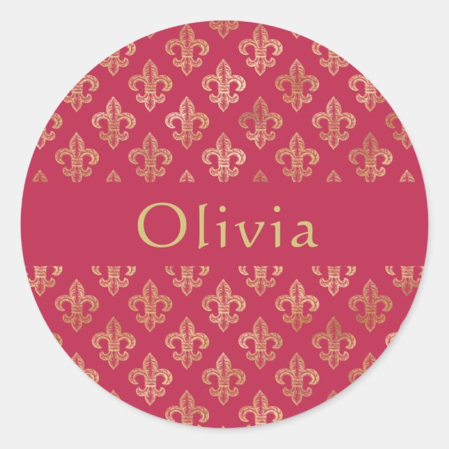 Sticker Rond Magenta & Gold Fleur De Lis Personnalisé (Devant)