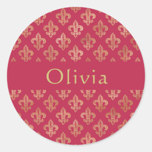 Sticker Rond Magenta & Gold Fleur De Lis Personnalisé