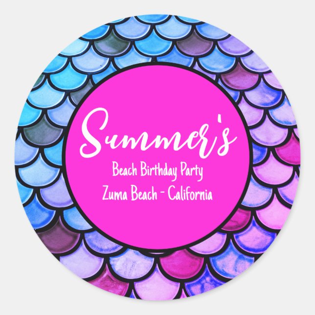 Sticker Rond Magenta Purple Blue Mermaid Scales Plage Anniversa (Devant)