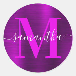 Sticker Rond Magenta Violet Signature Monogramme Moderne en Feu