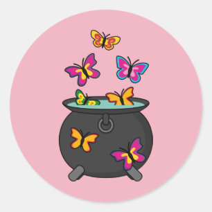 Sticker Rond Magical Butterflies from a cauldron