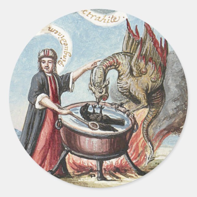 Sticker Rond Magicien et dragon au Cauldron de l'Alchimie (Devant)