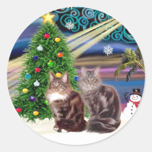 Sticker Rond Magie de Noël - Deux chats Maine Coon