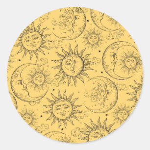 Sticker Rond Magie Jaune Vintage Céleste Soleil Lune Étoiles