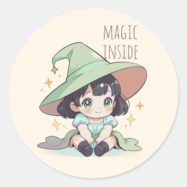 Sticker Rond Magique Cute Kawaii Baby Girl Witch (Devant)