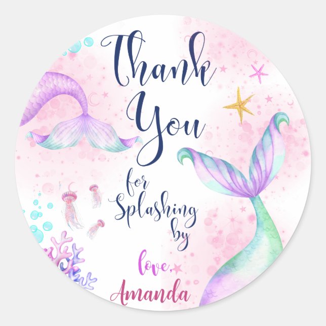 Sticker Rond Magique Sirène Anniversaire Merci Favor (Devant)