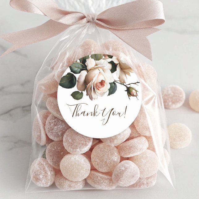 Sticker Rond Magnifique Bleu Rose Mariage de l'huile Beige (Gorgeous Blush Beige Oil Rose Wedding Thank You Classic Round Sticker)