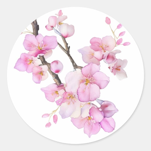 Sticker Rond Magnifiques fleurs de cerisier Sakura à l'aquarell (Devant)