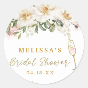 Sticker Rond Magnolia Aquarelle Champagne Verre Fête des mariée