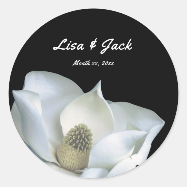 Sticker Rond Magnolia blanc Elégant Mariage noir et blanc (Devant)
