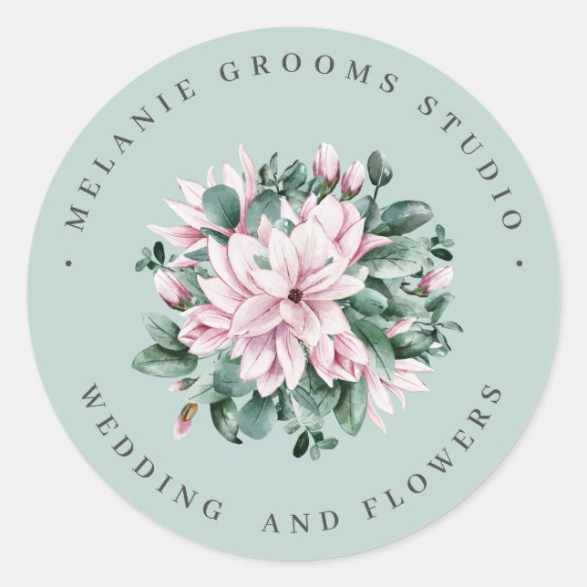 Sticker Rond Magnolia et fleurs de mariage vert à l'eucalyptus (Devant)