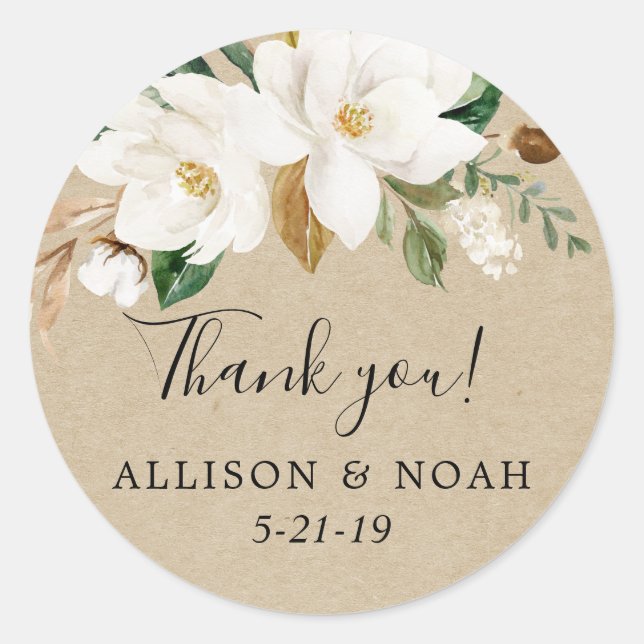 Sticker Rond Magnolia floral blanc vert kraft faveur (Devant)