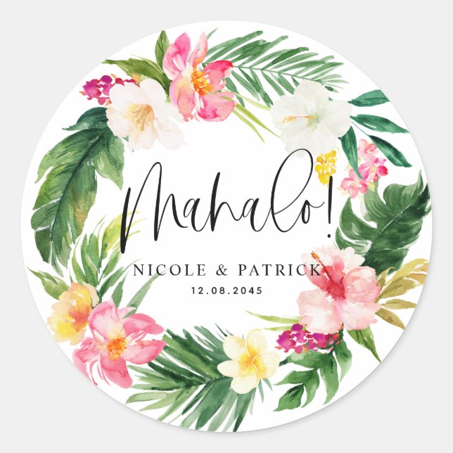 Sticker Rond Mahalo Fleurs tropicales et Mariage de verdure (Devant)