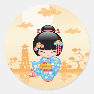 Sticker Rond Maiko Kokeshi Doll mignonne Geisha Girl Jaune
