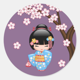 Sticker Rond Maiko Kokeshi poupée mignonne Geisha fille pourpre