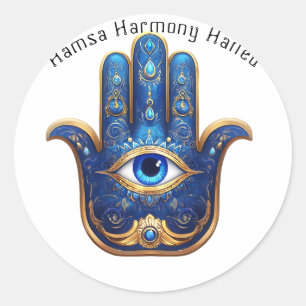 Sticker Rond Main bleue orange avec symbole de l'oeil mal