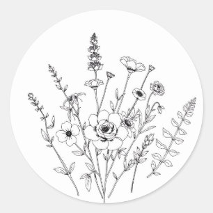 Sticker Rond Main dessinée noir et blanc Delicate Floral