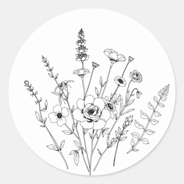 Sticker Rond Main dessinée noir et blanc Delicate Floral (Devant)