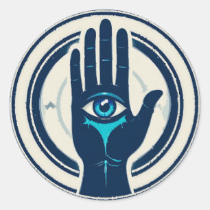Sticker Rond Main mystique avec oeil bleu, circulaire surréalis